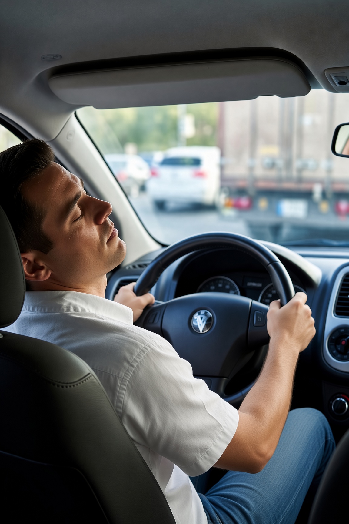 Driver asleep at the wheel in moving traffic