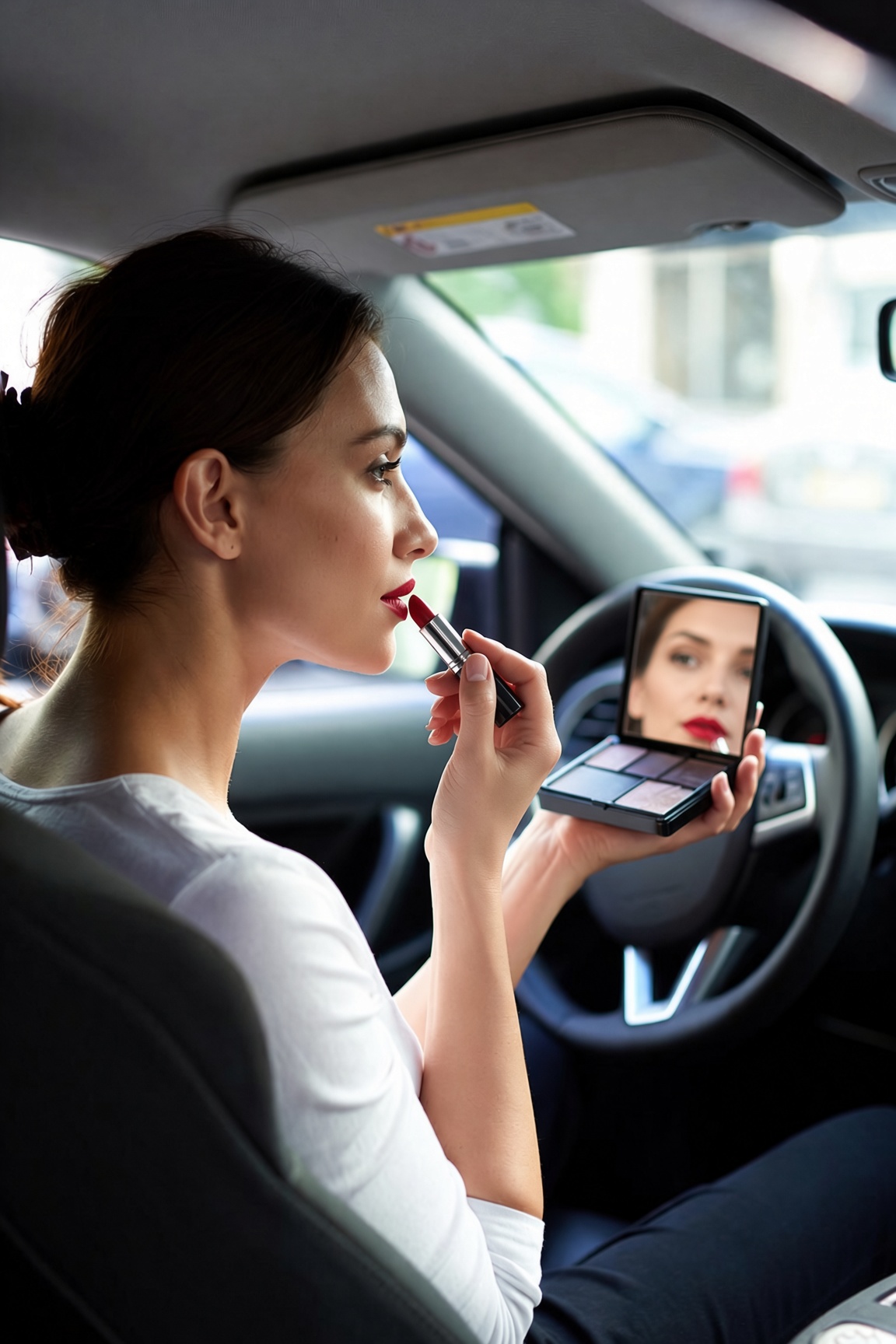 Driver applying lipstick while holding a makeup palette