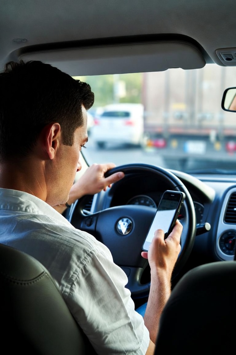 Driver looking at a phone while holding the wheel in traffic
