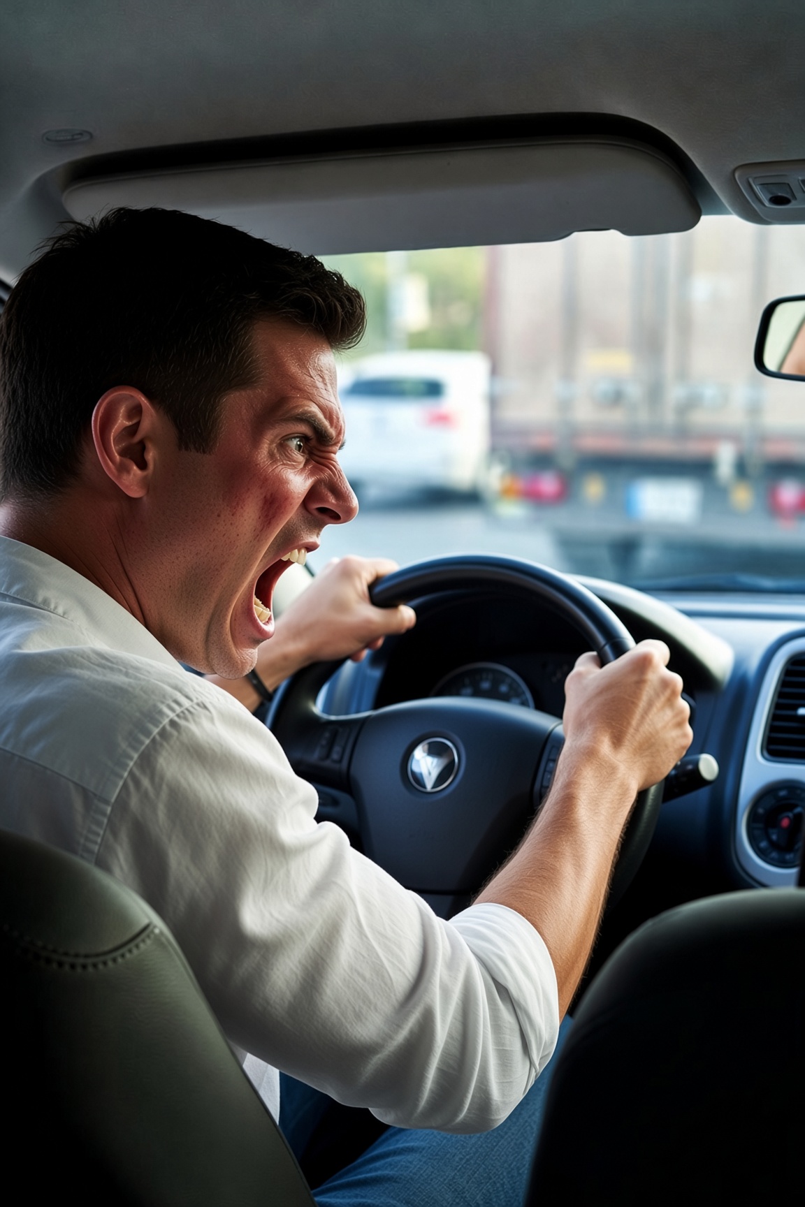 Driver shouting and gripping the wheel in anger